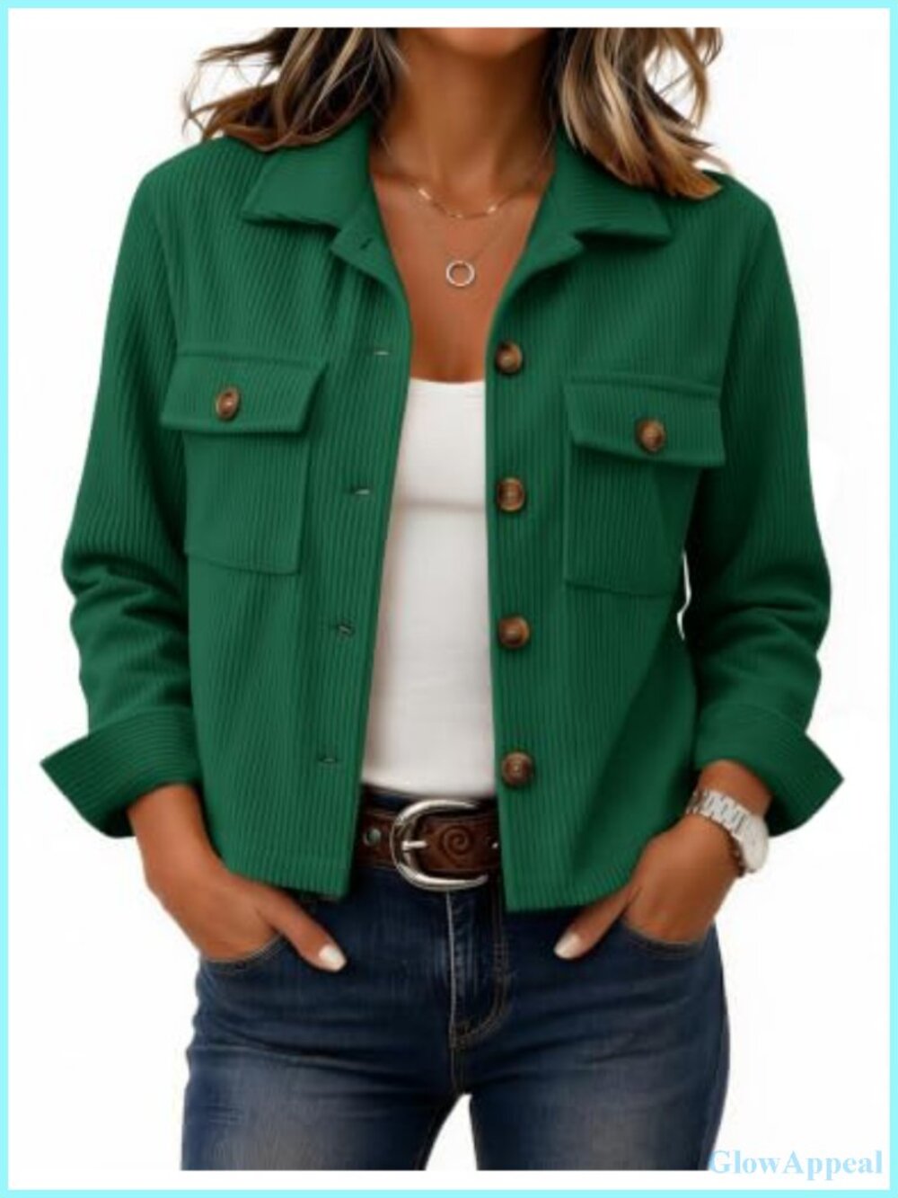 Cropped Corduroy Button Down Shacket Long Sleeve Casual Jacket